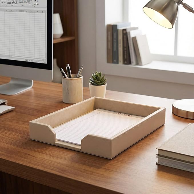 DACASSO Bonded Leather Desktop Letter Tray - Luxury Letter Holder & Paper Organizer for Desk - Office Organization & Executive Desk Decor - (White Latte)