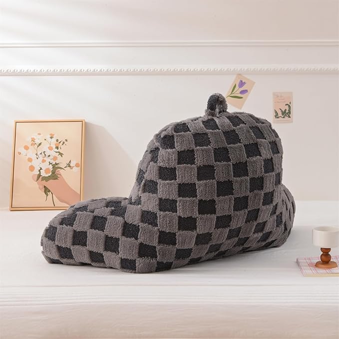 Aimuan Checkered Reading Pillow Bed Rest Wedge Backrest Checkerboard Pillow with Arms Back Support for Sitting Up in Bed Cushion Incline Rest Sleeping Snoring Pillow (Dark Grey,Standard)