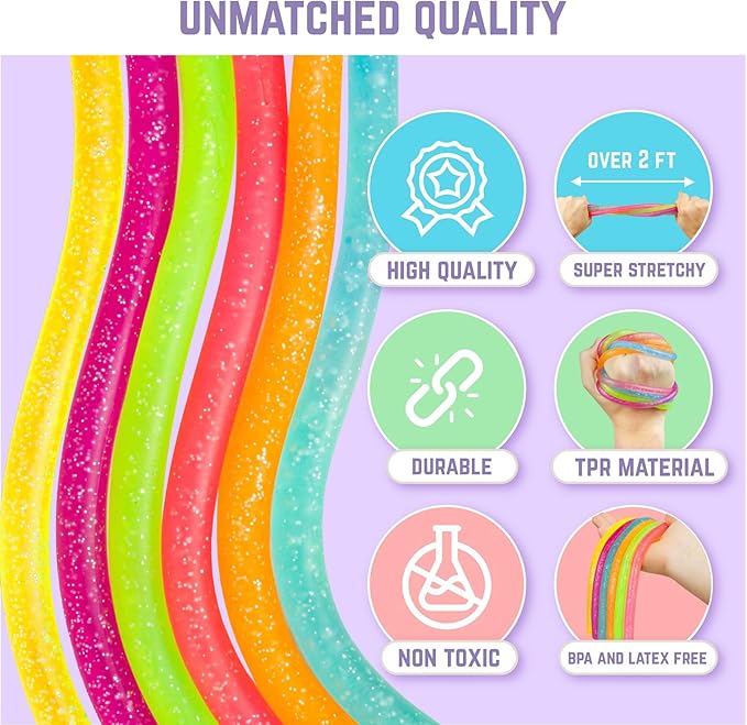 BUNMO Stretchy Strings - Sensory Toys for Toddlers - Stimulating & Addictive Sensory Toys for Kids - Fidget Toy - Hours of Fun for Kids - Non-Mouthable Toy 3+ - Glitter 6 Pack