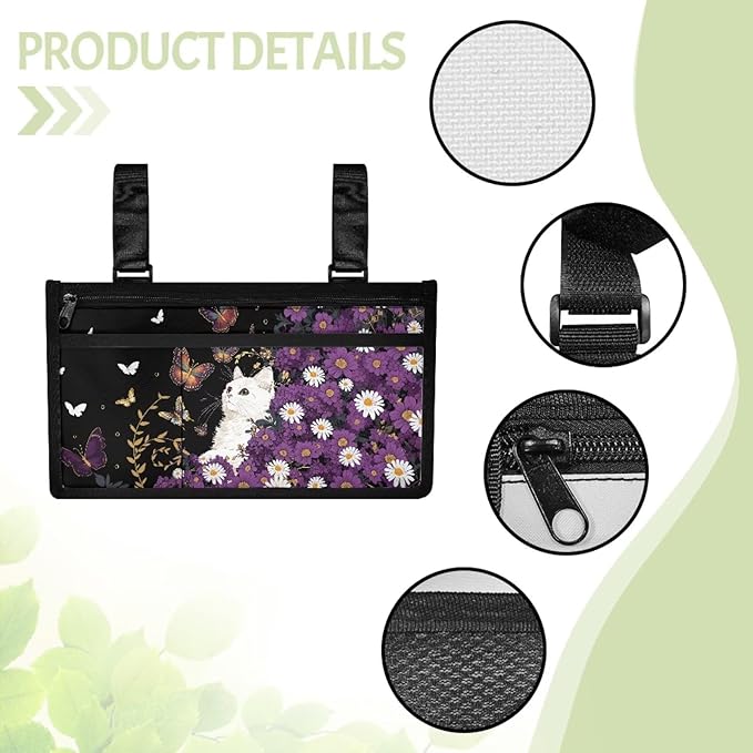 ZOUTAIRONG Purple Daisy Cat Butterfly Wheelchair Side Bag Walker Bag Wheelchair Accessories for Adults Waterproof Armrest Organizer Storage Pouches