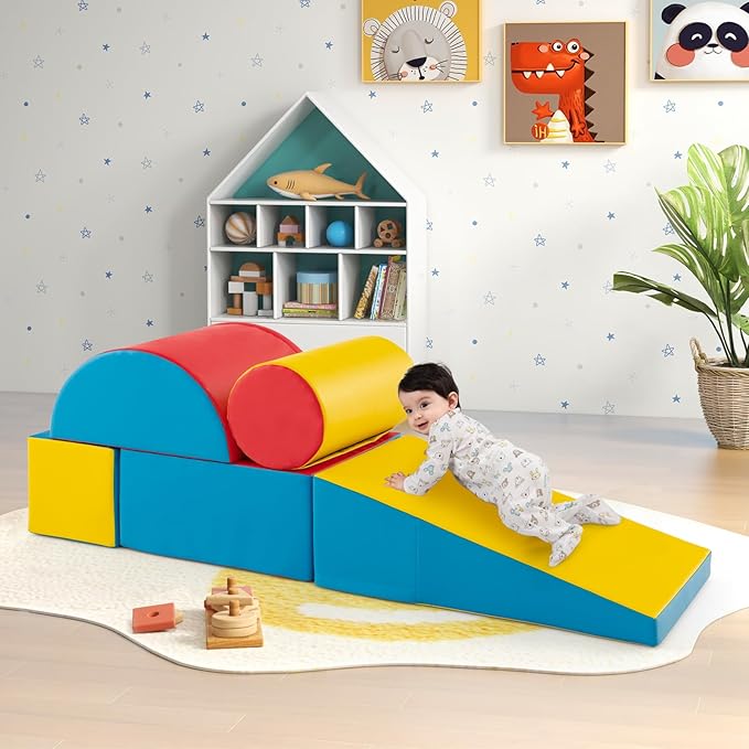 HONEY JOY 5-Piece Climb and Crawl Playset, Soft Climbing Foam Block Activity Play Structure Gym Equipment for Infant Baby, Color Coordination, Waterproof Indoor Climbing Toys for Toddlers (Red)