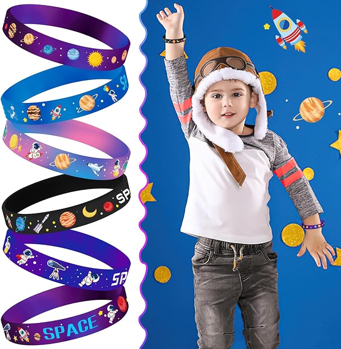 JUNEBRUSHS 42pcs Outer Space Party Favors Silicone Bracelets Galaxy Astronaut Stars Space Rubber Wristbands Accessories for Students Space Themed Birthday Party Favors Decorations Supplies(6 Designs)