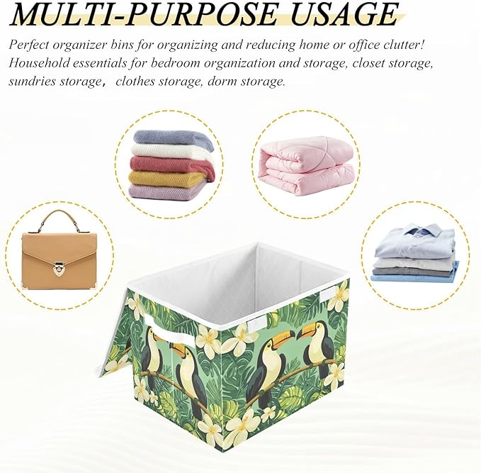 Large Storage Bins with Linen Collapsible Foldable Storage Cubes Fabric Closet Organizer Containers box Flip-Top Lid for Home Bedroom Office 16.7 x 12.6 x 11.8in (Bird Flower Leaves Green Pattern)