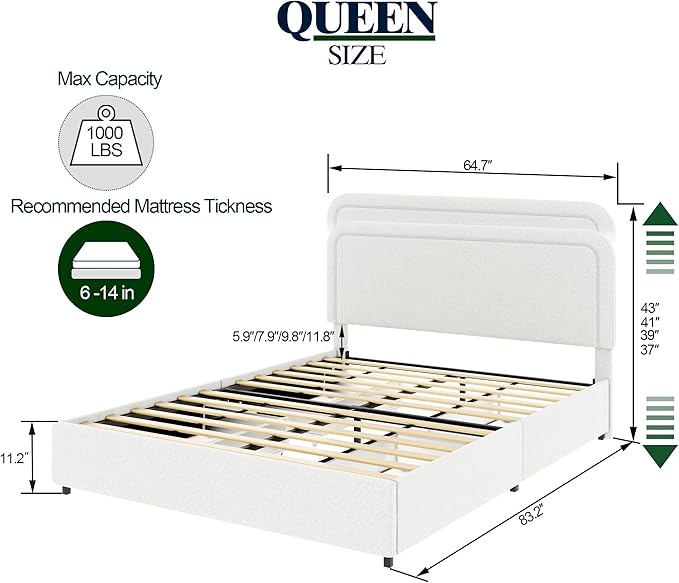 Christopher Knight Home Liv Upholstered Bed with Storage, Queen Size Platform Bed with 4 Drawers, Curved Stitched Tufted Headboard, Wooden Slat Mattress Support, No Box Spring Needed, Ivory Boucle