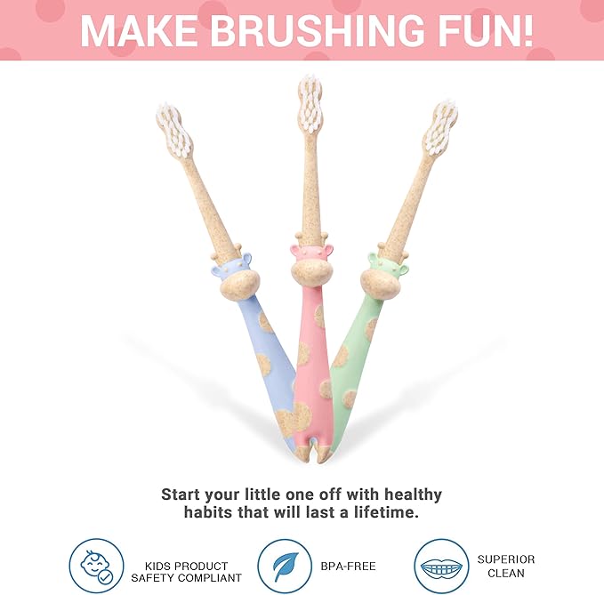 ROARex® All-Natural Eco Friendly Kids Toothbrush Made from Plants - Giraffe 4-36m - Baby to Toddler - Rose/Mint - 4pk | 1% for The Planet Product