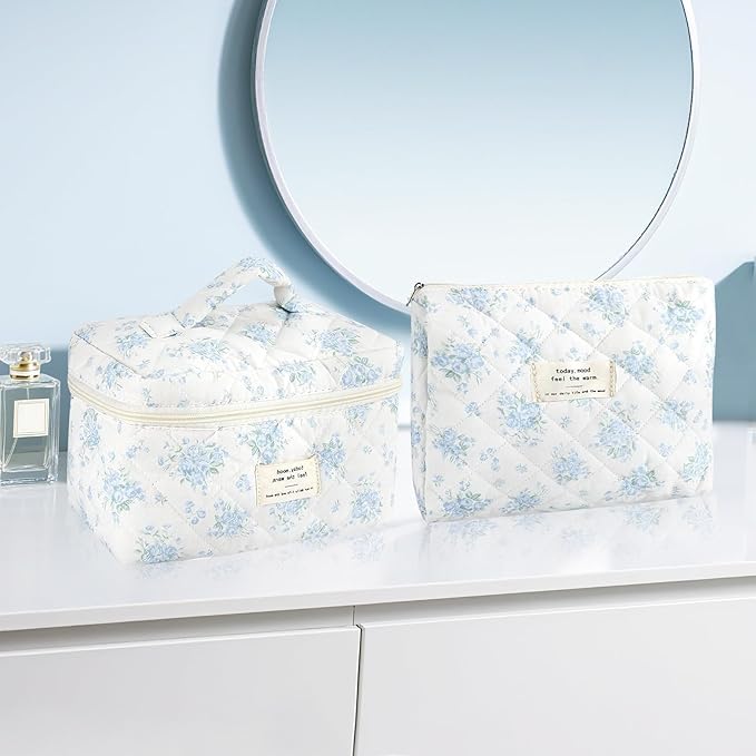 URSKYTOUS 2Pcs Cotton Quilted Makeup Bag for Women Girls Large Small Travel Floral Cosmetic Bags Set Cute Coquette Zipper Makeup Pouch for Purse Aesthetic Cloth Flower Storage Toiletry Bag Organizer