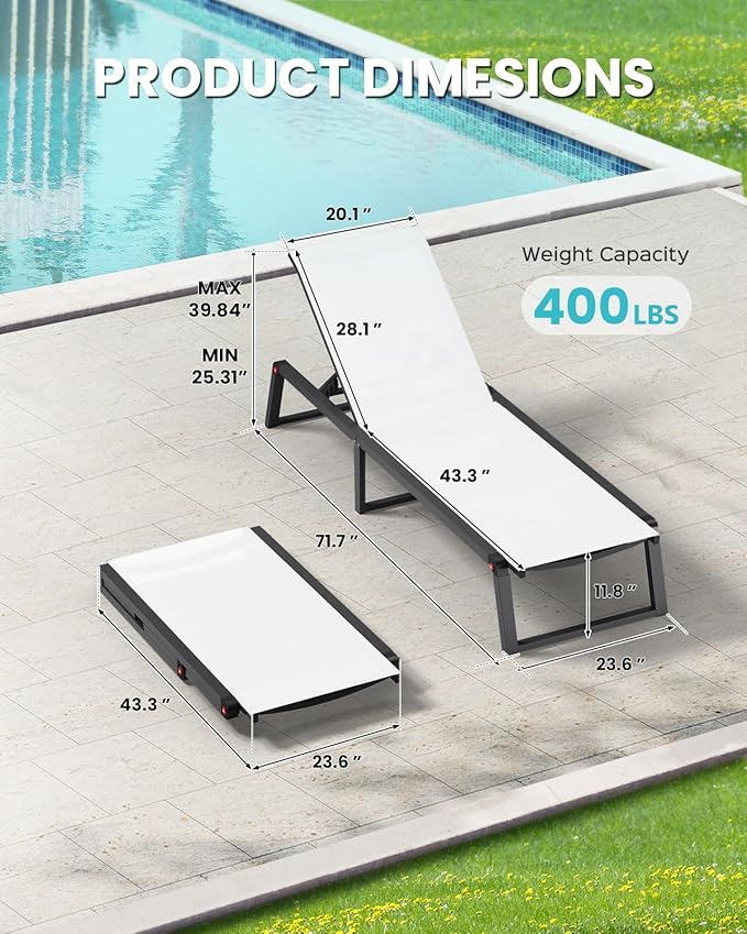 Aluminum Chaise Lounge Chair Outdoor, Foldable & Assembly Free Patio Pool Lounge Chairs 5-Position Recliner for Outside Poolside, Fully Grounded Legs Sun Lounger for Beach, Yard, Bright White