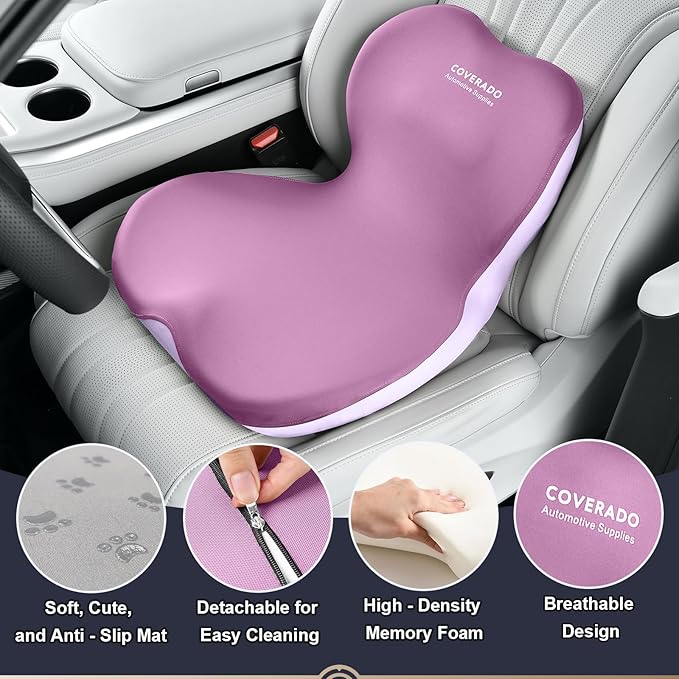 Coverado Car Seat Cushion and Lumbar Support Pillow One Piece, Memory Foam Ergonomic Back Support Driving Seat Cushion for Back Pain, Non-Slip Washable Cushion for Car, Driver, Office
