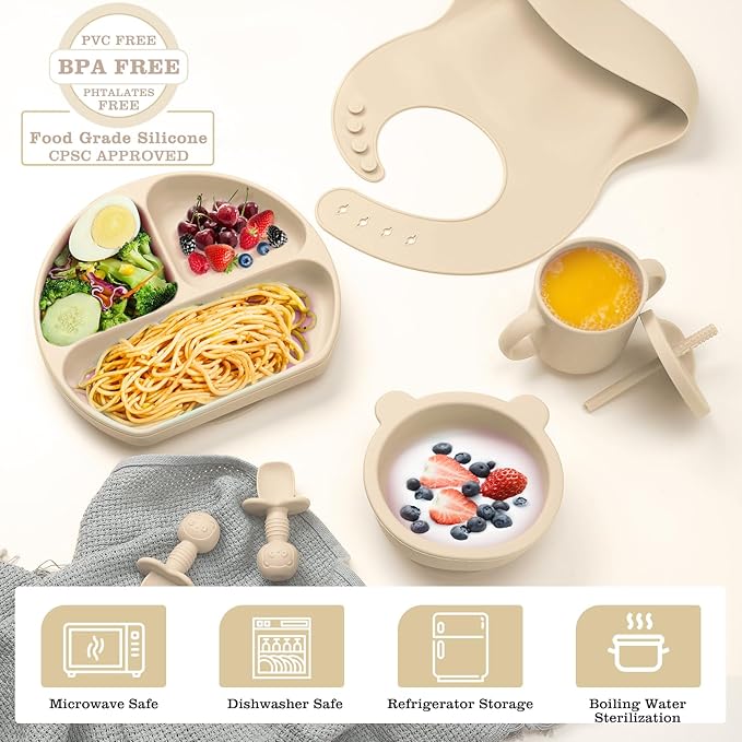 Silicone Baby Feeding Set, Baby Led Weaning Supplies with Suction Bowl Divided Plate, Toddler Self Feeding Dish Set with Spoons Forks Sippy Cup Adjustable Bib, Eating Utensils for 6+ Months(Beige)