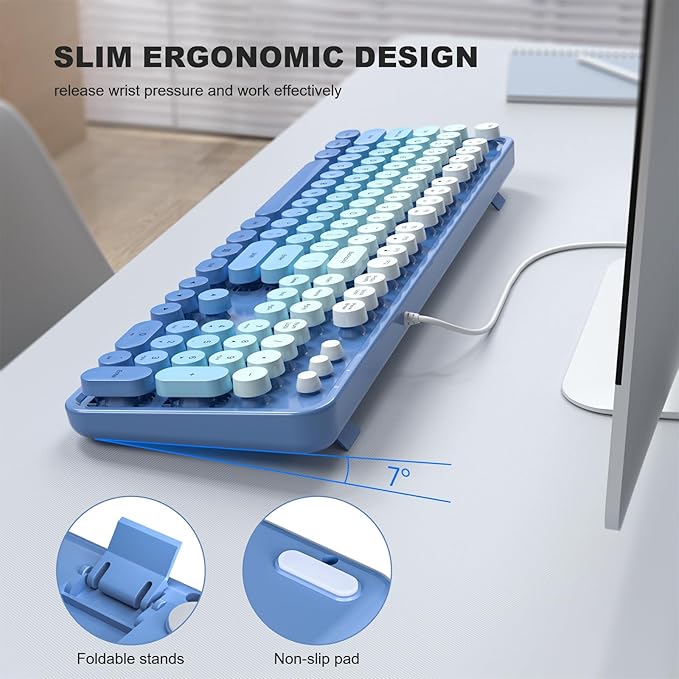 USB Wired Computer Keyboard - Retro Typewriter Style Full Size Office Keyboard with Number Pad, Caps Indicators, Foldable Stands, for PC Laptop Desktop Windows (Blue)