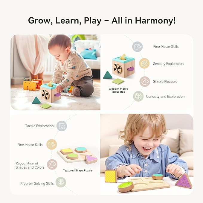 IEATFO Montessori Toys for Babies 9-12 Months, 7-in-1 Wooden Playful Learning Toys with Egg Cup, Castanets, Magic Tissue Box, Textured Shape Puzzle, Cylinder Drop Box and More, Stage-Based Toys