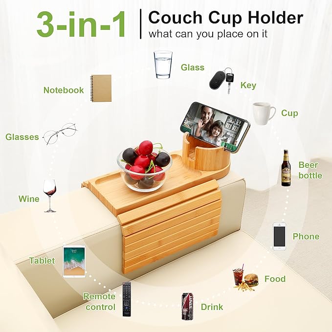 Couch Cup Holder,Bamboo Couch Arm Tray with 360° Rotating Cup Holder,Foldable Anti-Slip Sofa Arm Chair Tray for Eating Snack Drink Side Table