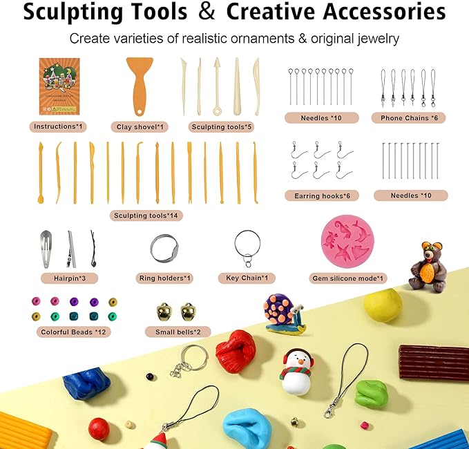 Aestd-ST Polymer Clay 60 Colors, Modeling Clay for Kids DIY Starter Kits, Oven Baked Model Clay, Non-Sticky,with Sculpting Tools, Holiday Gift for Children and Artists.