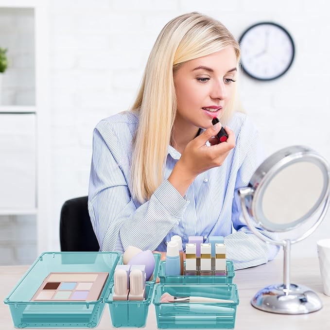 15 PCS Clear Plastic Drawer Organizer Set, 4-Size Acrylic Drawer Storage Trays, Storage Bins for Makeup, Gadgets, and Jewelry in Bathroom, Bedroom and Office, Clear Sea Blue