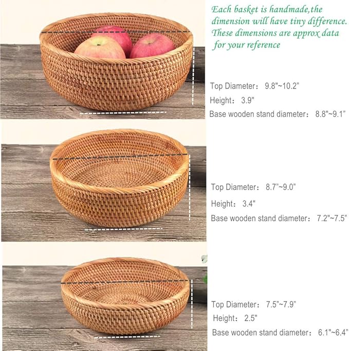 amololo 3 Pack Hadewoven Round Rattan Fruit Basket Wicker Food Tray Weaving Storage Holder Dinning Room Bowl, 10 Inch Small Wicker Basket Serving Tray Woven Basket for Bread,Snack,Brown(3-Size Kit)