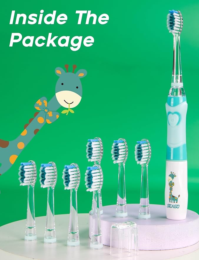 SEAGO Kids Electric Toothbrush with 2 Mins Brushing Timer and 8 Replacement Bursh Heads,Rainbow LED Light Make Brushing Fun, Blue Color Boys Battery Powerd Toothbrush for 4-12 Years Old