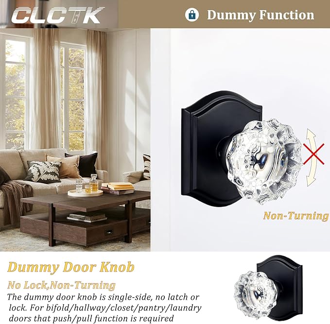 CLCTK 2 Pack Glass Dummy Door Knobs, Antique Inactive Crystal Half-Dummy Door Knobs for Hall and Closet, Matte Black