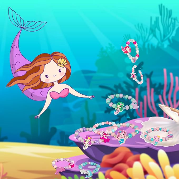 Kids Bracelets Mermaid Party Favors - 12 Pack Cute Toddlers Little Girls Ocean Wooden Beaded Bracelets, Costume Play Jewelry Princess Birthday Goodie Bag Stuffers Pinata filler Classroom Prize Gifts