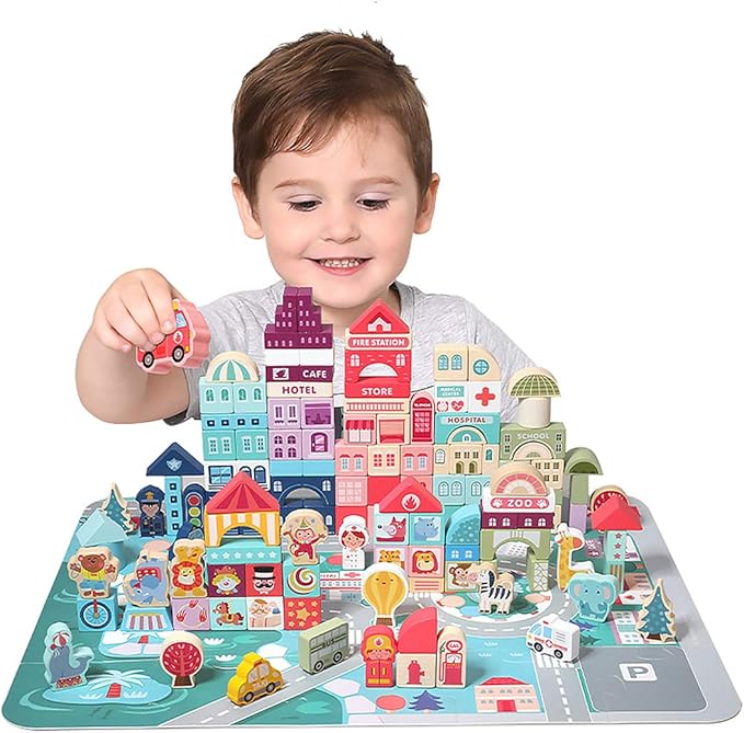 120PCS Wooden Blocks, Preschool Learning Educational Toys, Wooden Toddler Toys with City Map Construction, Stacking Blocks for 3+ Years Old Kids Boys Girls Children (Multicolored)