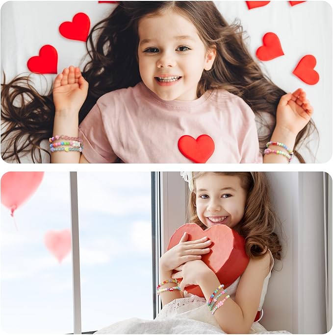 48 Pcs Valentine's Day Kids Friendship Bracelet Set Adjustable Beads Bracelets Cute Friendship Princess Pretend Play Bracelet Stretch Bracelet Preppy Bracelets Set for Girls Women(Heart)