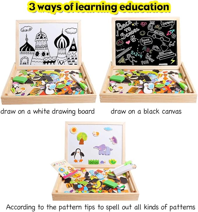 Skrtuan Educational Wooden Toys for Kids Toddlers Magnetic Puzzles Wooden Art Easel Double Side Learning Games Montessori Puzzle STEM Gift for Boys Girls Children