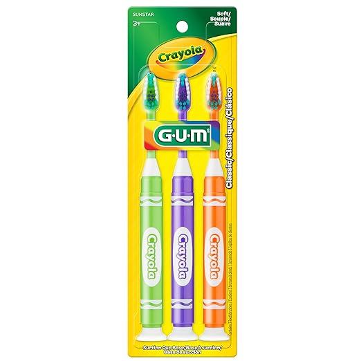 GUM Crayola Marker Children’s Toothbrush, Soft Bristled Kids’ Toothbrush Set Age 3+, Suction Cup Base, 3 Count