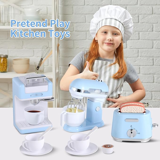 Kitchen Appliances Toys, Play Kitchen Accessories, Toy Kitchen Appliances for Kids, Pretend Kitchen Toys with Coffee Maker, Mixer and Toaster, Toy Kitchen Set Birthday Gift for Kids Ages 3+ (Blue)