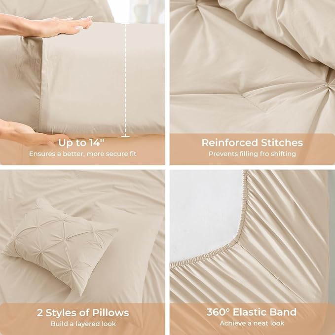 Sasttie Twin XL Comforter Set, 5-Piece Bed in a Bag, Pintuck Bedding Sets for All Season, Includes Comforter, Flat Sheet, Fitted Sheet, Pillowcase and Pillowsham, Warm Beige