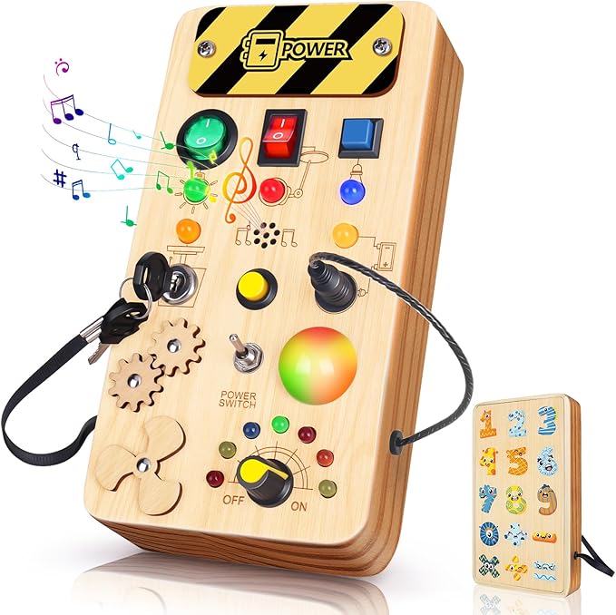 Busy Board with LED Light, Wooden Sensory Toys for Toddler, Montessori Music Toy for Airplane, Travel Activity Educational Learning Autism Toys, Birthday Boys Girls Gifts