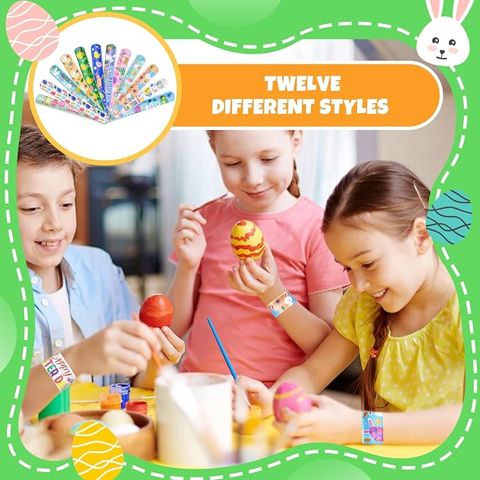 48 Pieces Easter Slap Bracelets Bulk Party Favors for Kids - 12 Designs Spring and Easter Themed Snap Bands, Classroom Exchanges, Goodie Bag Fillers Stuffers, Wrist Decorations Gifts Prizes Supplies