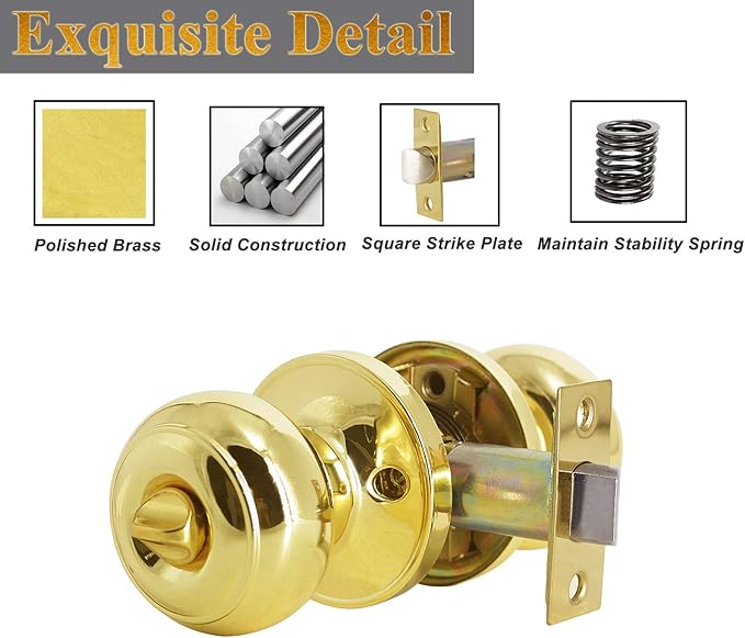 Probrico Home Bed & Bath Privacy Door Knob in Polished Brass, Flat Ball Interior Hardware, Keyless Universal Handing Door Lockset, 1 Pack