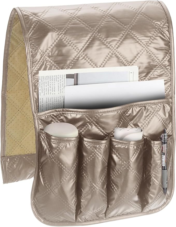 uxcell 1 Pcs Recliner Armchair Caddy, Couch Armrest Organizer with 5 Pockets for Bedside Sofa Remote Control Holder Magazine Phone Book Glasses (Gold, 35"x13")