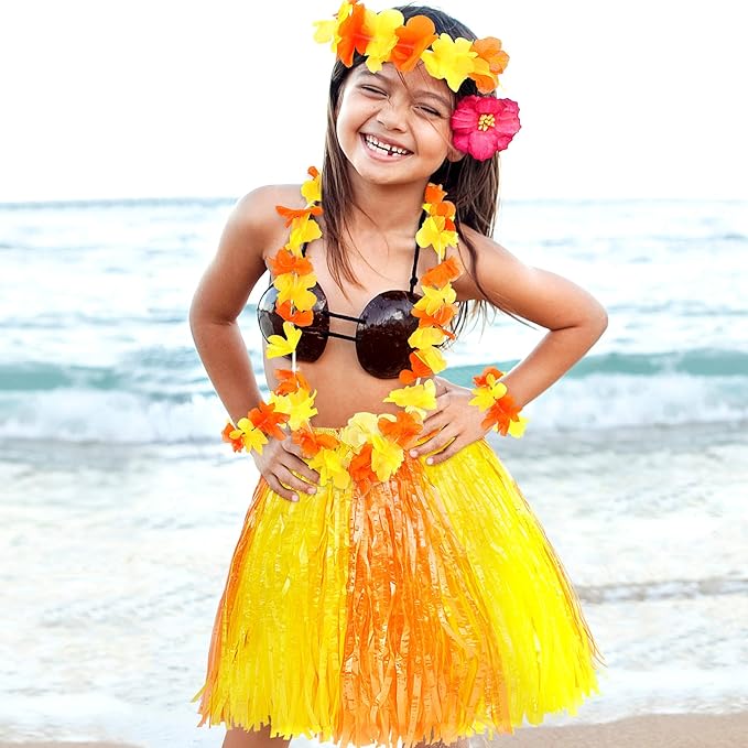 Fortuning's JDS Girl's Hawaiian Hula Grass Skirt for Party Outfits Kids Flowers Costume for Luau Tropical Beach Party Decor