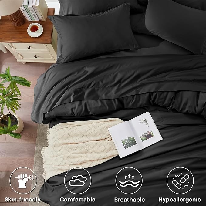 Anluoer Black California King Comforter Set 7 Pieces, Bed in a Bag with Sheets, All Season Bedding Sets with 1 Comforter, 2 Pillow Shams, 2 Pillowcases, 1 Flat Sheet, 1 Fitted Sheet