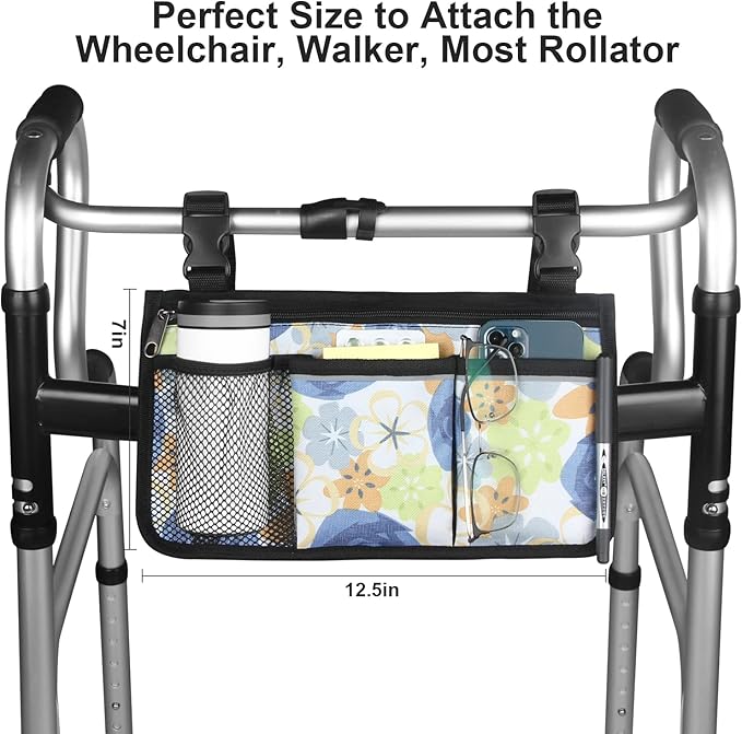 Wheelchair Side Bag, Upgrade Flower Color Wheelchair Armrest Storage Pouch with Cup Holder and Reflective Strip Made with Waterproof Fabric, for Most Wheelchairs, Walkers and Rollators (Blue Rose)