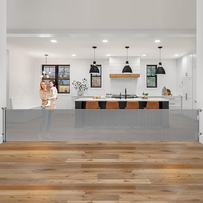 185 Inch Extra Wide Retractable Baby Gate Retractable Gate Outdoor Long Baby Gates Indoor Extra Long Dog Gate Extra Wide Baby Gates for Large Openings, Mesh Baby Gate Retractable Gates for Dogs, Gray