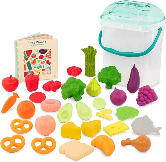 B. toys- Foodie Fun- Pretend Play Food & Board Book Set – 32 Pieces of Play Food – Educational Book for Toddlers – Storage Bucket with Lid – 2 Years +