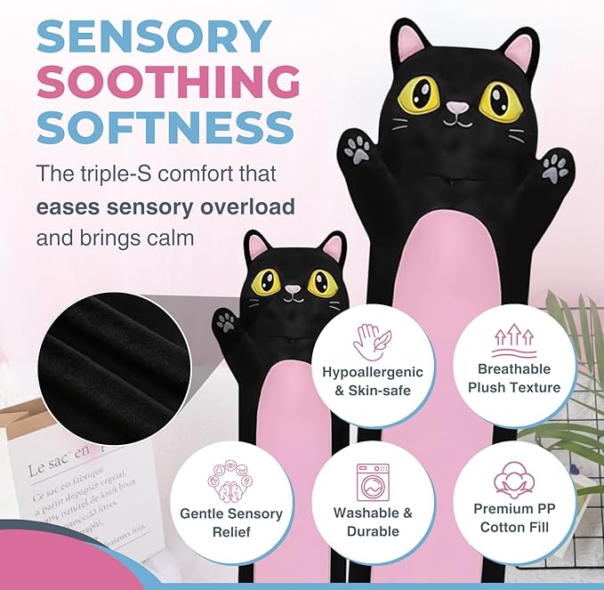 Black Cat Plush Body Pillow for Kids | Long Stuffed Animal Cuddle Pillow | Soft Hugging Toy | Plushie Gift for Girls & Boys | Long Plush Body Pillow for Sleep & Comfort | Small, 23 Inches