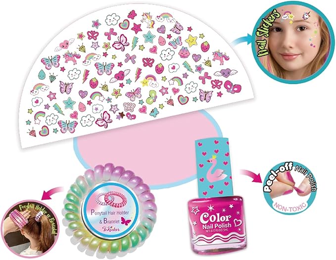 Kids Makeup Set All My Fun Scented Nail Polish Nail Sticker Set Ponytail Holder Bracelet Kids Toys for Girls