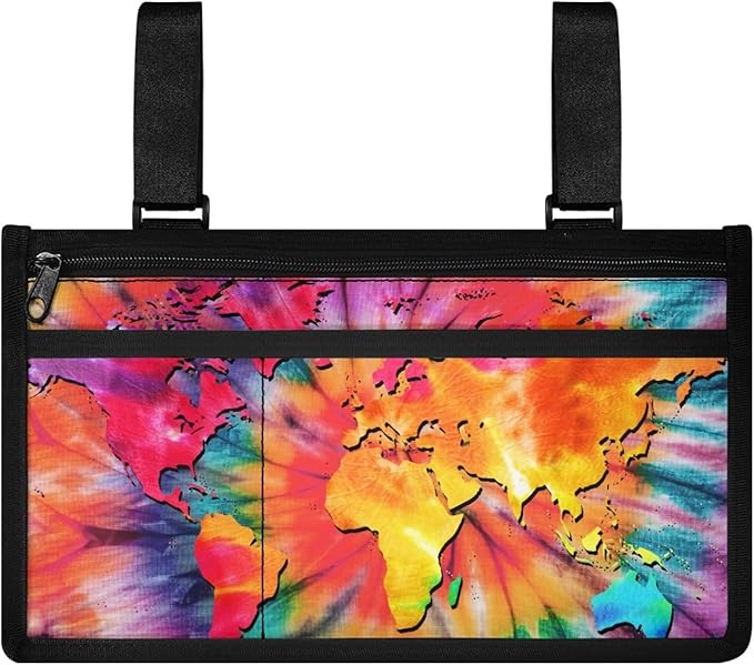 ZOUTAIRONG Tie-Dye Map Wheelchair Side Bag Power Wheelchair Bag Walker Bag Walker Organizer Pouch Tote for Rollator and Folding Walker Wheelchair Bags to Hang on Side Wheelchair Accessories