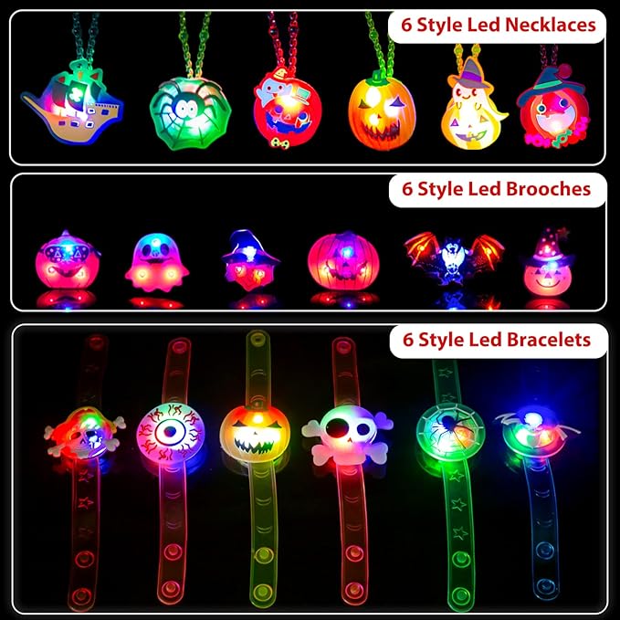 Halloween Party Favors for Kids - 42 PCS LED Halloween Light Up Toys including Necklaces Rings Bracelets Brooches,Glow in the Dark Halloween Decorations,Halloween Treats Non Candy Goodie Bag Fillers