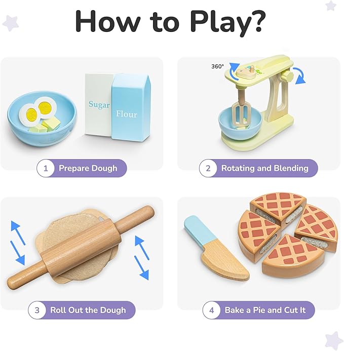 Bimi Boo 10-Piece Wooden Mixer Set for Toddlers - Make-a-Cake Pretend Play Cooking Set - Play Kitchen Accessories for Baking for Boys and Girls