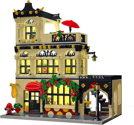 City Restaurant Architecture Building Kit with LED Lights,3 Levels City Restaurant Model Building Blocks Toy,for 12+Age Teen,Adult（1489 Pieces）