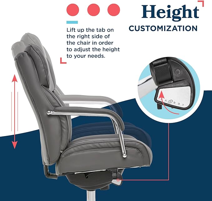 La-Z-Boy Sutherland Quilted Leather Executive Office Chair with Padded Arms, High Back Ergonomic Desk Chair with Lumbar Support, Grey Bonded Leather