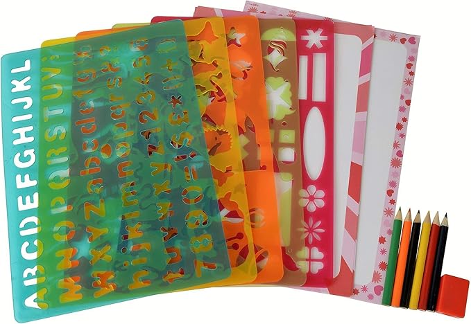 BUDDY & BARNEY Big Box of Stencils (Large 32-Piece Stencils Kit), 150+ Shapes: Animals, Letters, Numbers, & More, 6 Coloring Pencils, 5 Stencil Sheets, Paper, Drawing Stencils for Boys, Girls, Kids 4+