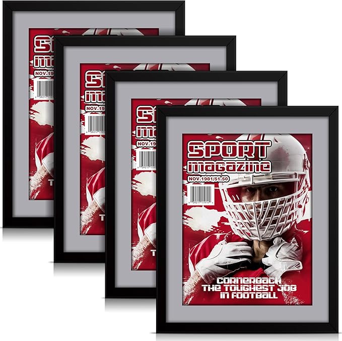 Geetery 4 Pcs Sports Magazine Frame for Wall Fits Measuring 8.5 x 11.25" Magazine Display Frame with Installed Hangers and Core Matting Plastic Comic Book Frames for Wall Hanging(Black, Grey Mat)