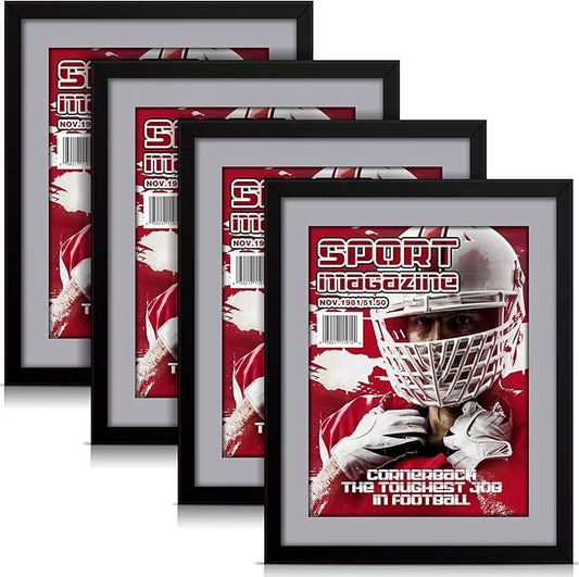 Geetery 4 Pcs Sports Magazine Frame for Wall Fits Measuring 8.5 x 11.25" Magazine Display Frame with Installed Hangers and Core Matting Plastic Comic Book Frames for Wall Hanging(Black, Grey Mat)