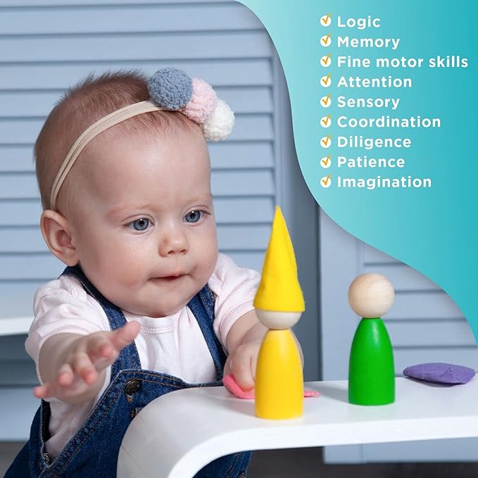 Ulanik Large Peg Dolls with Hats and Beds Toddler Montessori Toys for 3 Year Old + Wooden Waldorf Dolls for Learning Color Sorting and Counting — 12 Gnomes