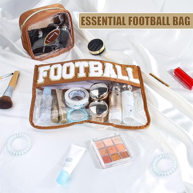 BuyCard 2 Pcs Football Gifts Makeup Bag with Chenille Letter Patch, Clear Cosmetic Pouch PVC Organizer Purse, Waterproof Travel Bag, Portable Toiletry Storage Bag for Her Girls Friends Women