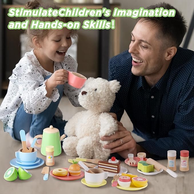 GAGAKU Wooden Tea Set and Wooden Play Dishes 2 in 1 Play Food Set Toy 28 PCS Montessori Wooden Play Kitchen Accessories Kitchen Toy for Toddlers Wooden Play Cooking Set for 3-8 Years Girls and Boys